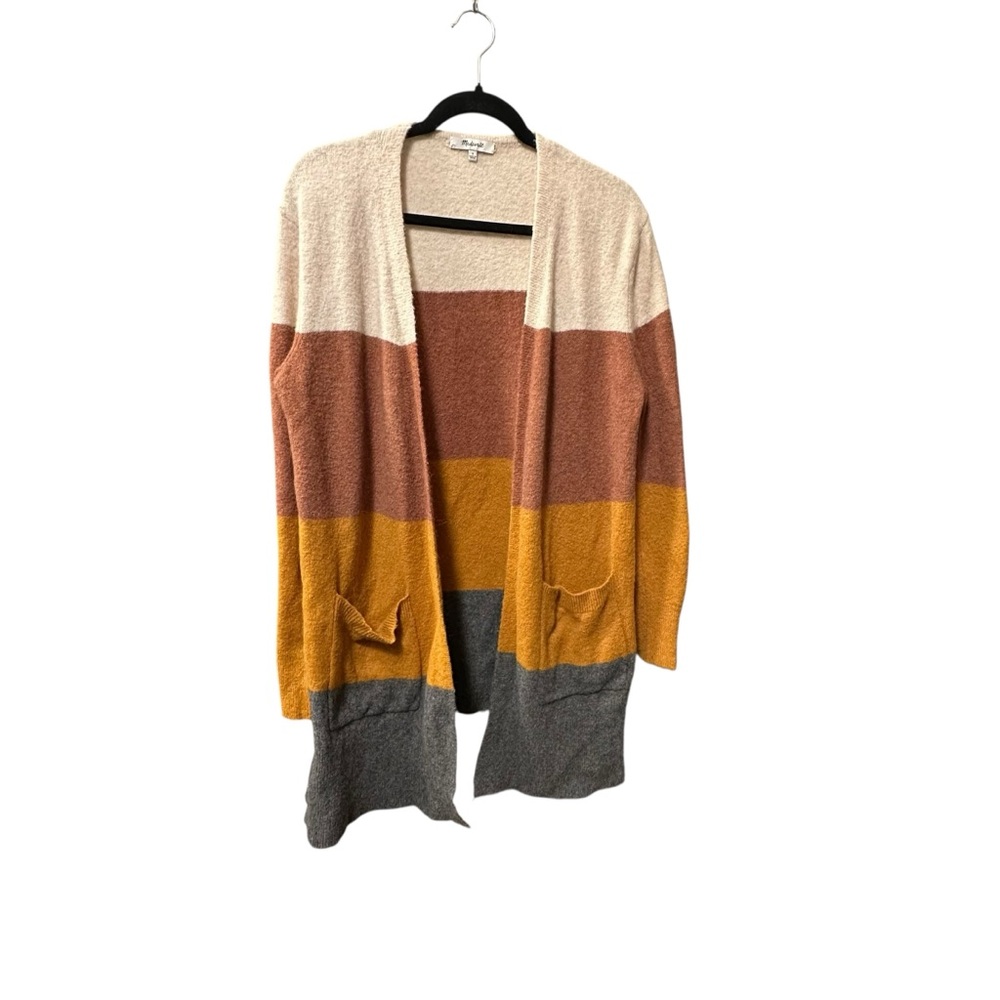 Madewell Colorblock Stripe Open Front Longline Cardigan Sweater Rust Cream Small